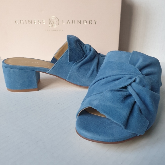 Chinese Laundry Marlowe Blue Kid Suede Block Heeled Slip-On Mule Slides Sz 6.5 - Picture 11 of 16